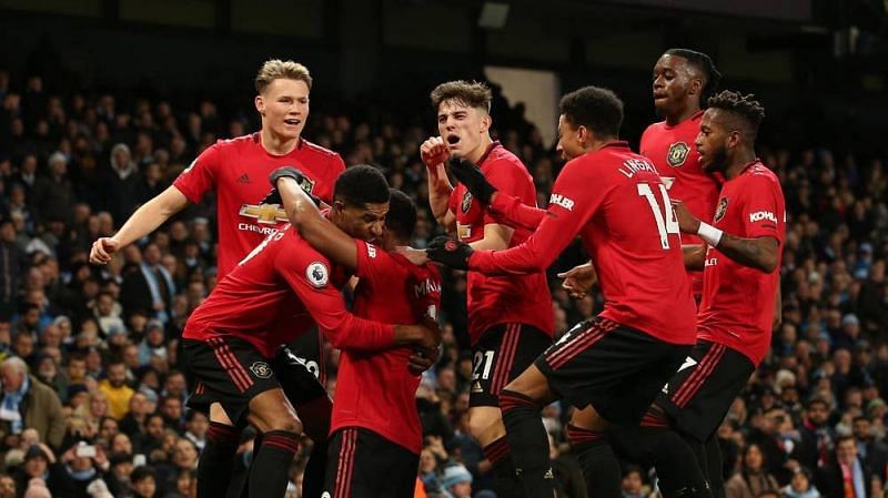 United players celebrate their second goal