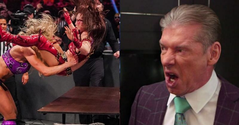 Charlotte power bombing Asuka through the table at TLC/ Vince McMahon