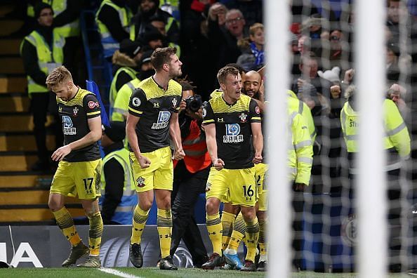 Southampton players rejoice after putting Chelsea to bed in the 73rd minute