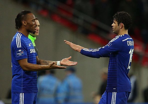 Didier Drogba coming on as a sub for Diego Costa