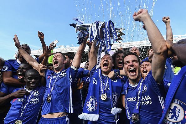 Chelsea players jubiliant after lifting the Premier League
