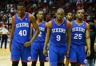 (L-R) Jarvis Varnado, James Nunnally, James Anderson, and Elliot Williams of the Philadelphia 76ers