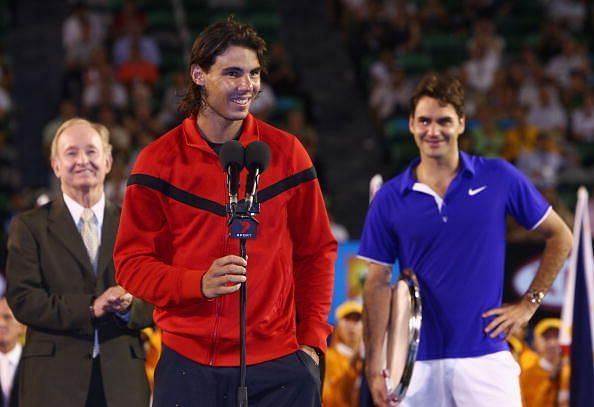 2009 Australian Open: Rod Laver(L), Rafael Nadal and Roger Federer(R)