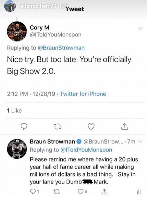 The fan's tweet, plus Strowman's response