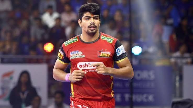 Pawan Sehrawat is in action for the Bengaluru Bulls