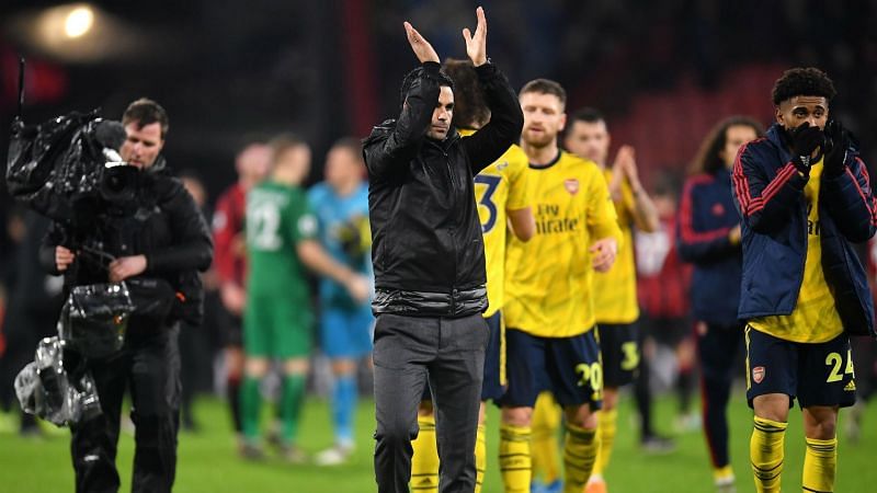 Mikel Arteta applauds the travelling supporters after their 1-1 draw against Bournemouth last time out