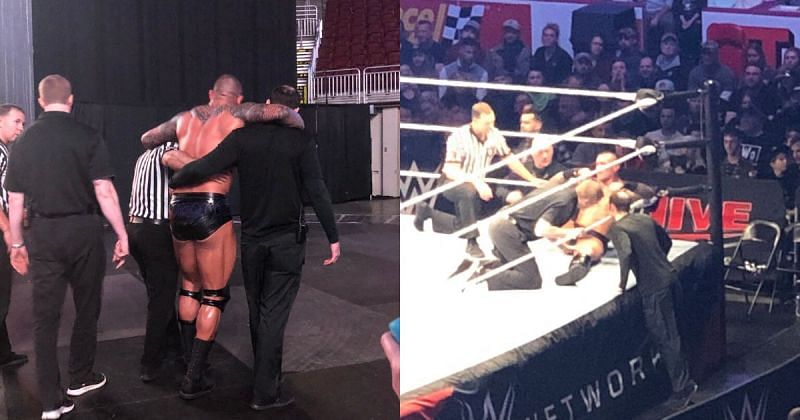 Randy Orton getting helped by WWE medics at the live event.