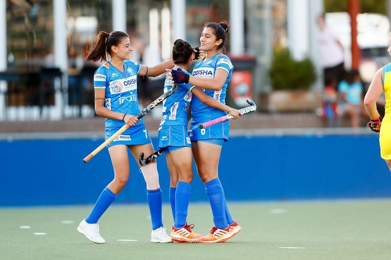 The Indian Junior Women&#039;s Hockey Team celebrate a goal