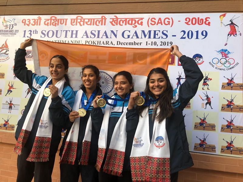 The Indian women&#039;s team from left: Tanvi Khanna, Sanya Vats, Urwashi Joshi and Sunayna Kuruvilla