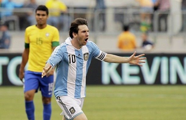 Messi exults after scoring one of his 3 goals against Brazil