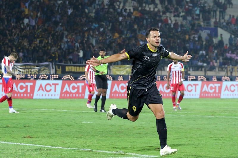 Bobo celebrates after scoring a goal for Hyderabad FC in the first half