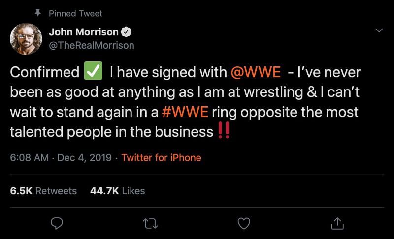 Morrison revealed on Twitter that he has signed with the WWE