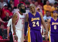 Kobe Bryant and James Harden share a moment during a game.