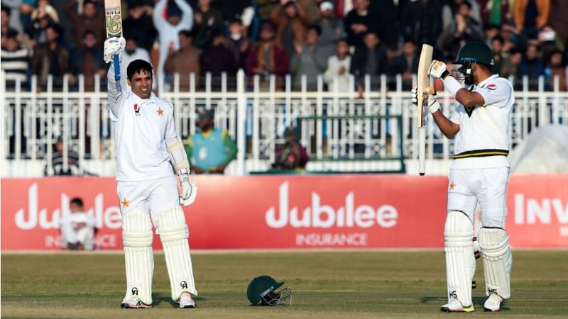 Abid Ali (left) celebrates after reaching his maiden Test century.
