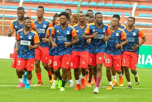 Lobi Stars players warming up before a match.