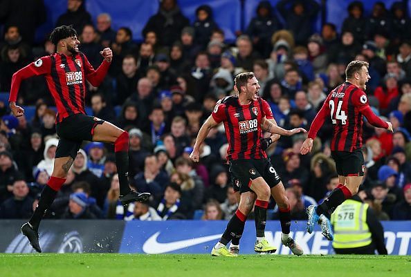 Bournemouth players celebrate with goalscorer Dan Gosling after VAR review ruled his strike was a goal