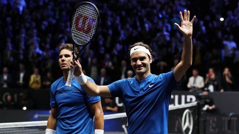 Nadal (left) and Federer teamed up on the same side for the only time at the 2017 Laver Cup in Prague