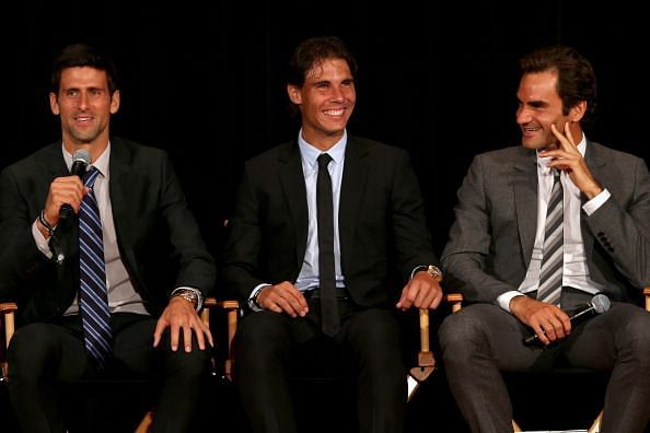 Novak Djokovic (left), Rafael Nadal (centre) and Roger Federer