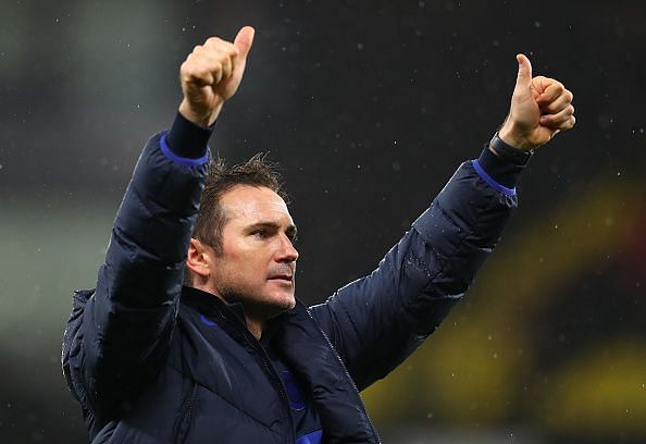 Frank Lampard greeting Chelsea supporters after a 2-1 win over Watford