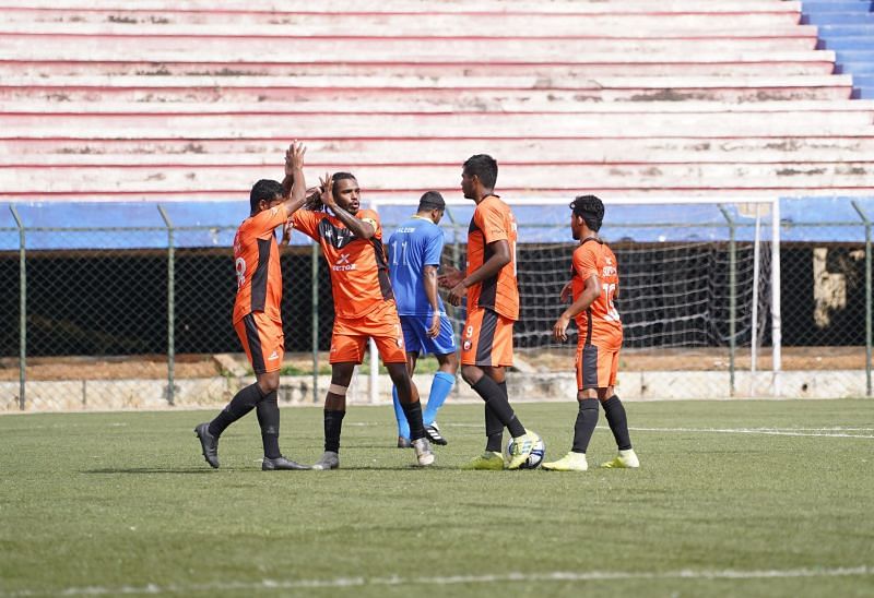 Umesh, Aaron, and Vikram celebrate South United FC&#039;s first goal on the day