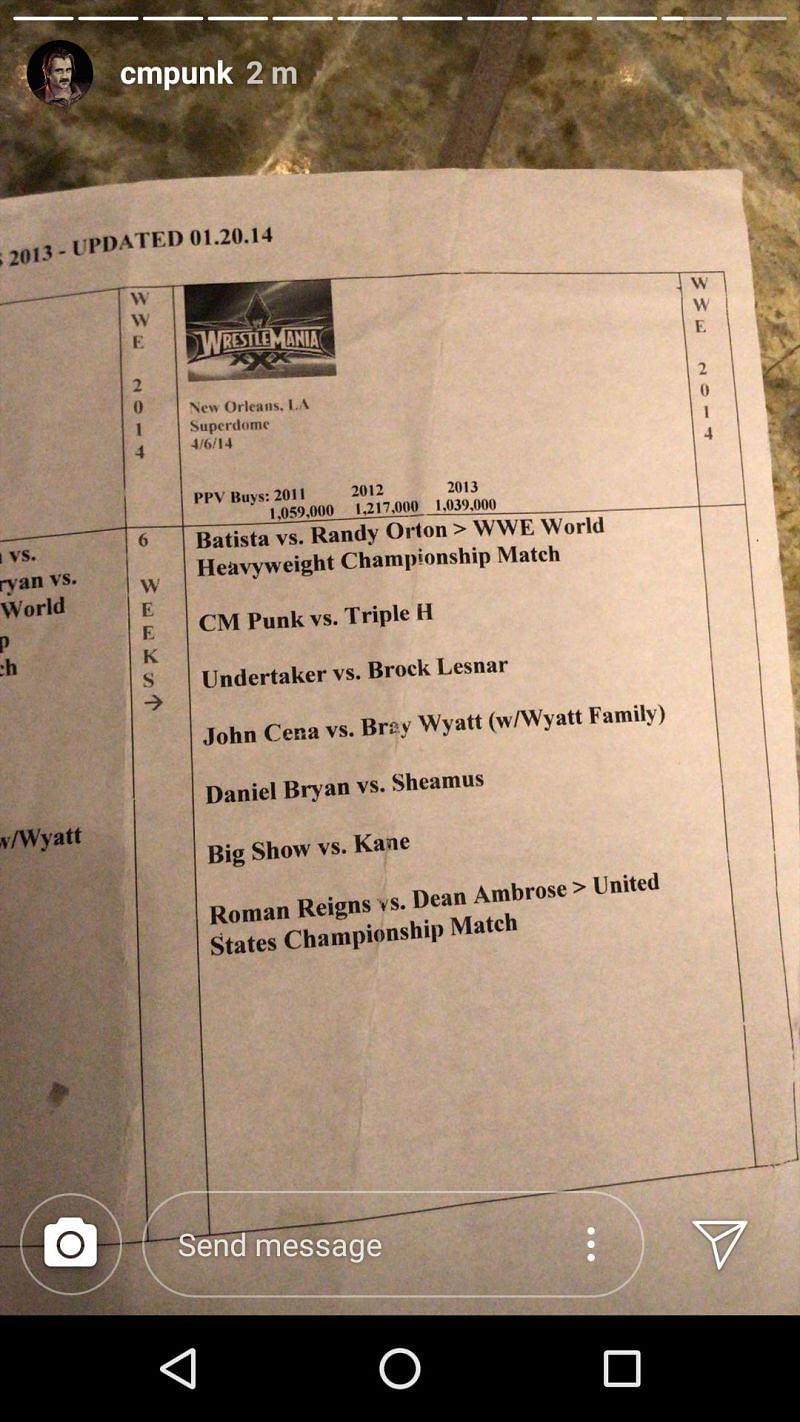 The WrestleMania 30 match card Punk posted in his Instagram story