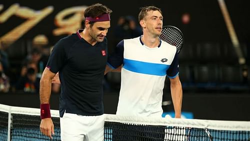 Roger Federer and John Millman after their match at the Australian Open