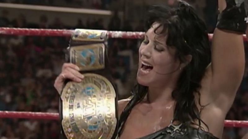 Chyna holds up the Intercontinental championship she had just won in 1999.