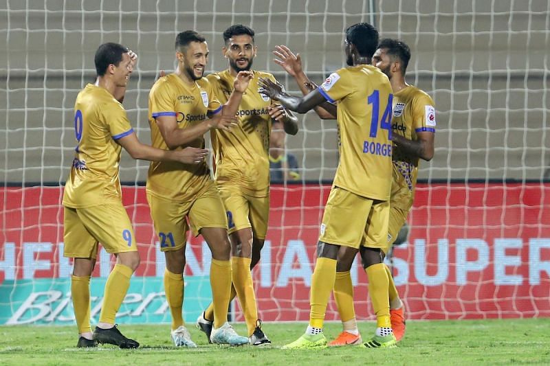 Mumbai City FC celebrate their first-half lead against Hyderabad FC