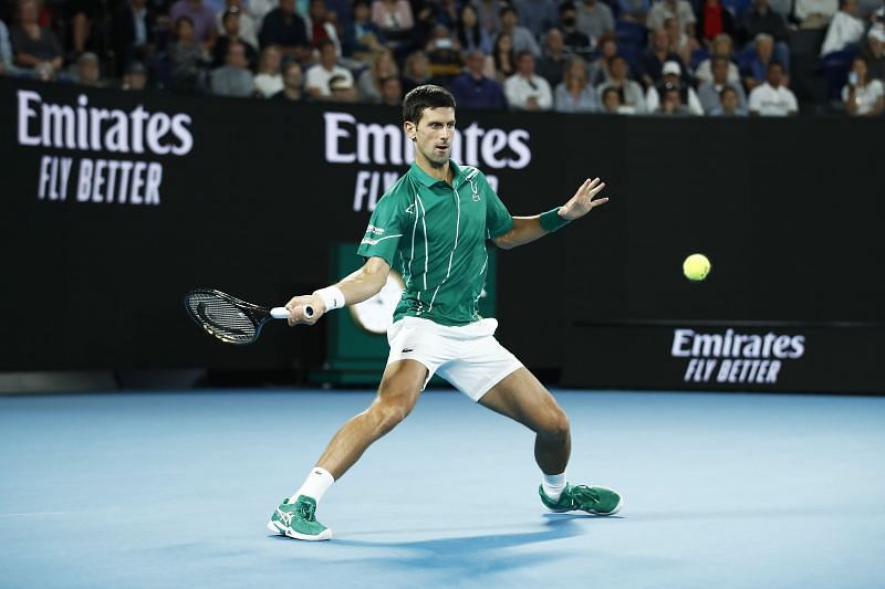 Novak Djokovic in action during his AO quarterfinal clash