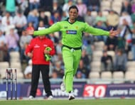 Shoaib Akhtar with his trademark celebration after taking a wicket