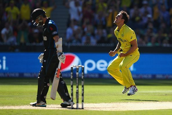 Mitchell Johnson celebrates after taking a wicket during Australia v New Zealand - 2015 ICC Cricket World Cup: Final