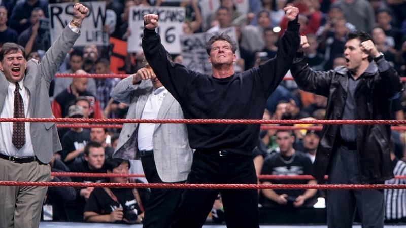 Mr. McMahon celebrates winning the 1999 Royal Rumble having eliminated just one man in almost an hour