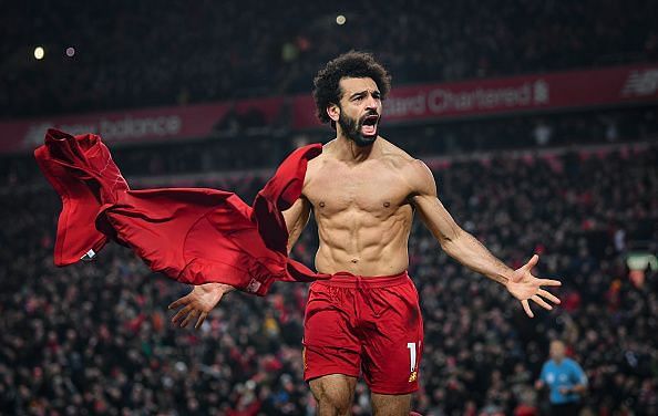 Mohamed Salah celebrates after scoring against Manchester United