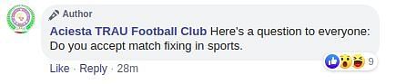 Facebook comment by TRAU FC&#039;s admin