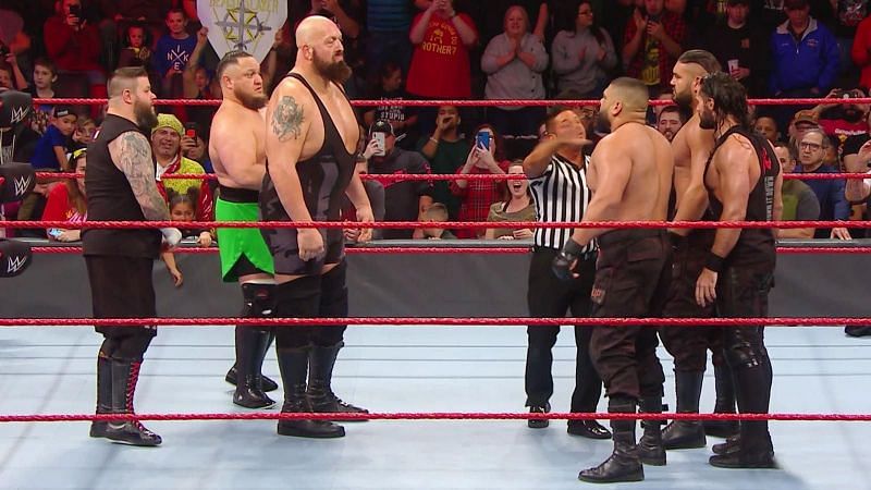 Joe, Owens, and Big Show confront Rollins and AOP