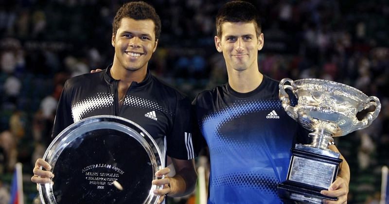 Djokovic (right) wins his first Grand Slam title at the 2008 Australian Open