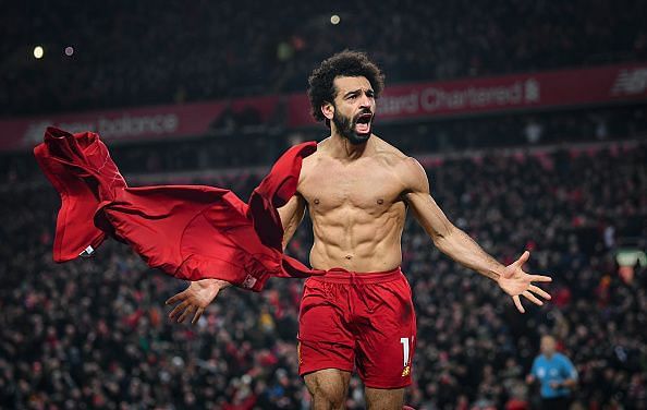 Salah wildly celebrating his goal against rivals Manchester United recently