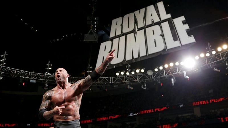 Dave Batista celebrates one of his two career Royal Rumble match victories