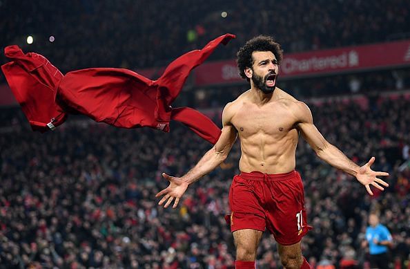 Mohamed Salah after scoring against Manchester United at Anfield 