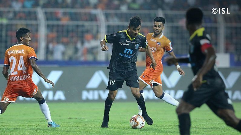 Mohammed Rakip, Seityasen Singh and Jessel Carneiro all tried to get Kerala&#039;s attack going. (Image: ISL)&nbsp;