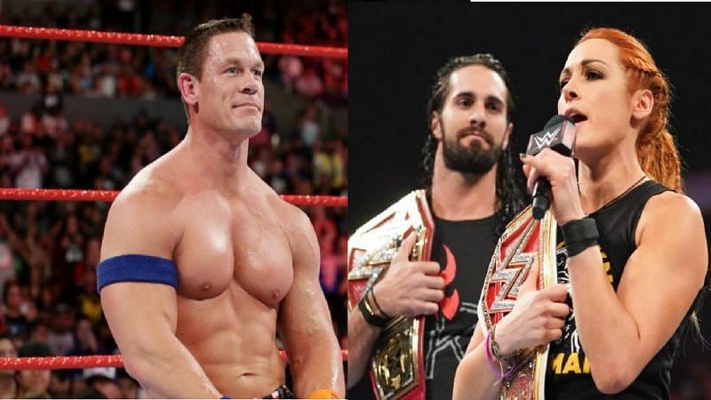 John Cena, Seth Rollins, and Becky Lynch