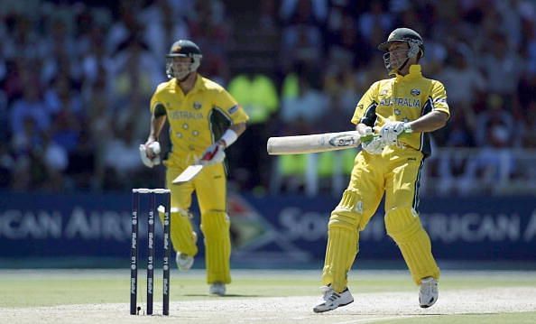 Ricky Ponting and Damien Martyn in a partnership that broke India&#039;s will in the 2003 World Cup final