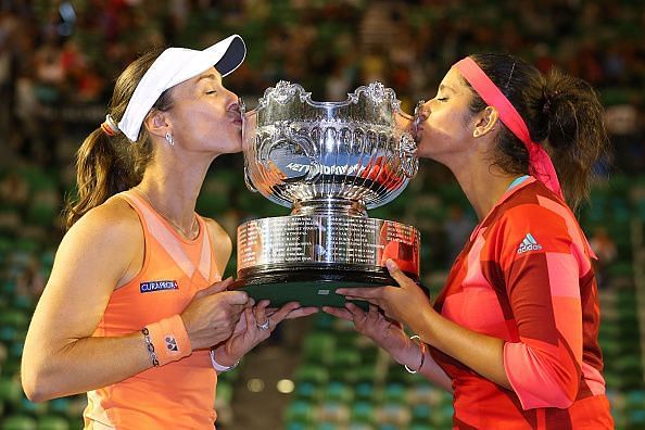 Martina Hingis and Sania Mirza after winning the 2016 Australian Open
