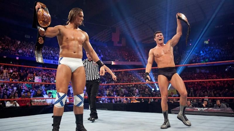 Drew McIntyre and Cody Rhodes celebrate winning tag-team gold