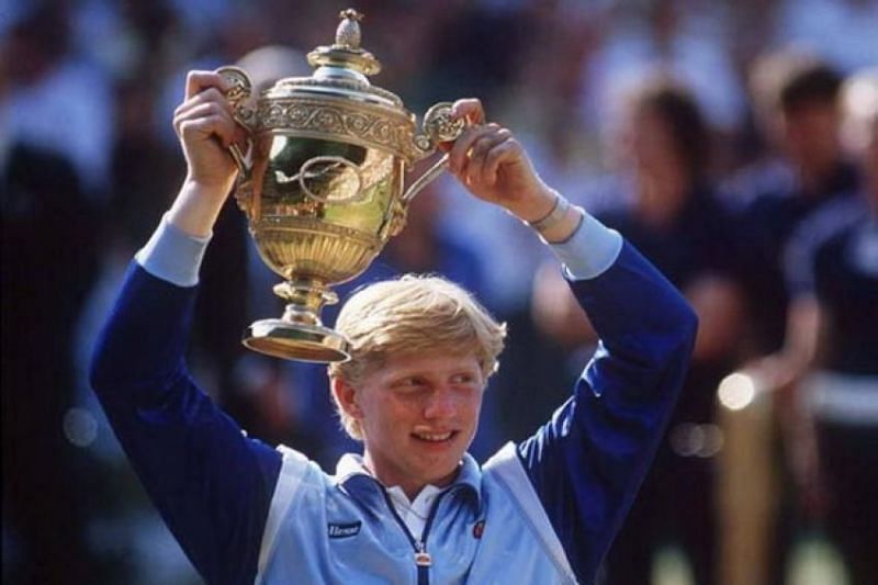 Boris Becker lifts the 1985 Wimbledon title