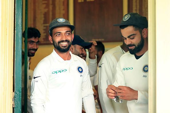 Rahane (left) led India in the absence of regular skipper Kohli against Afghanistan.