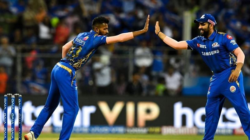 Hardik Pandya and Rohit Sharma celebrating a dismissal