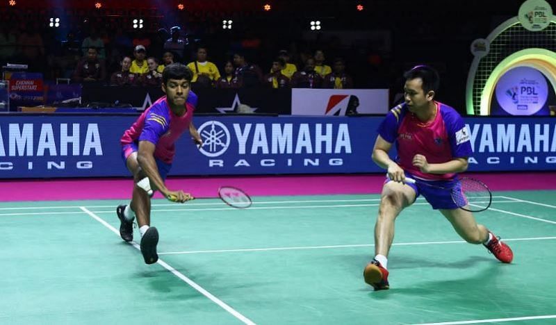 Pune 7 Aces Chirag Shetty and Hendra Setiwan in action
