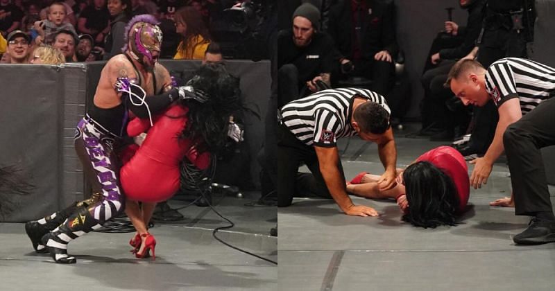 Rey Mysterio crashes into Zelina Vega during the US title match on RAW.