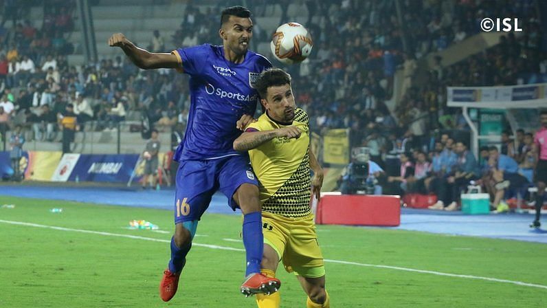 Sarthak (L) was sent off against Hyderabad FC on the 29th of December, 2019